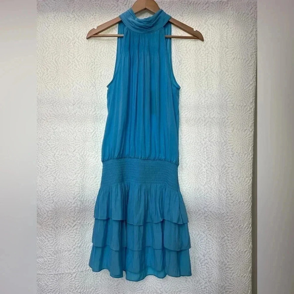 Ramy Brook Hudson Dress Size Small Tropical Blue Halter Tie Top Tiered Ruffle - Picture 8 of 12